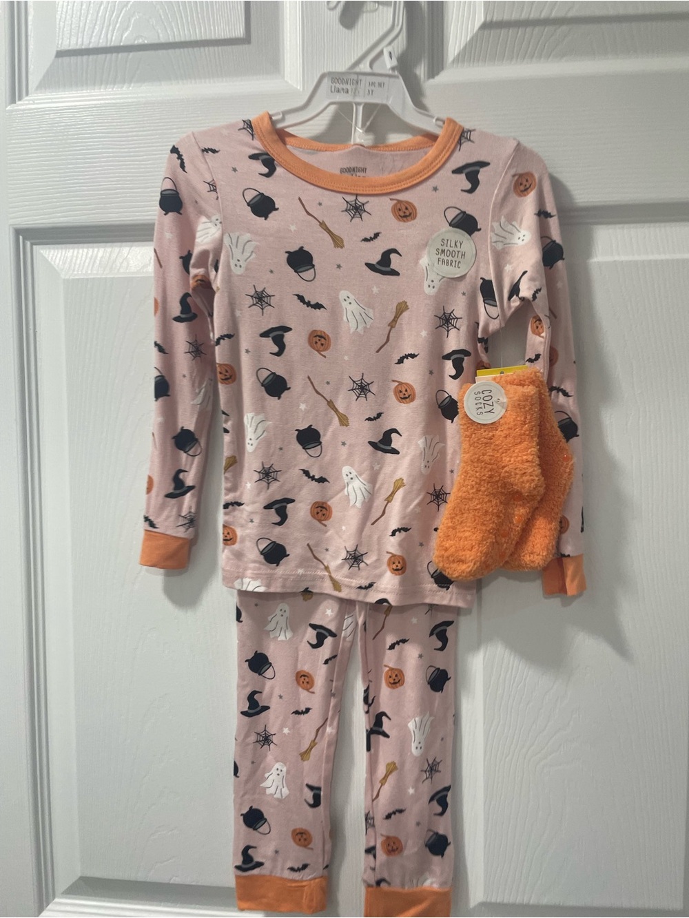 Pink Halloween-Print Kids Pajama Set with Orange Trim